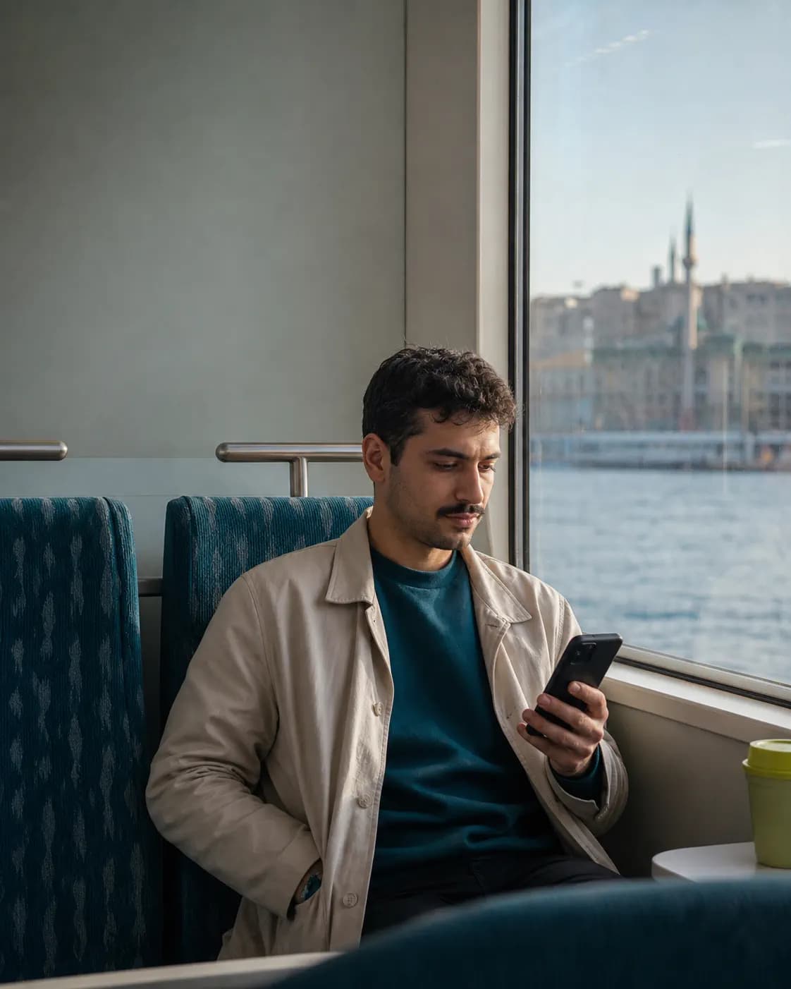 Vapur yolculuğunda telefonundaki bilgileri sakin biçimde kontrol eden bir kişi