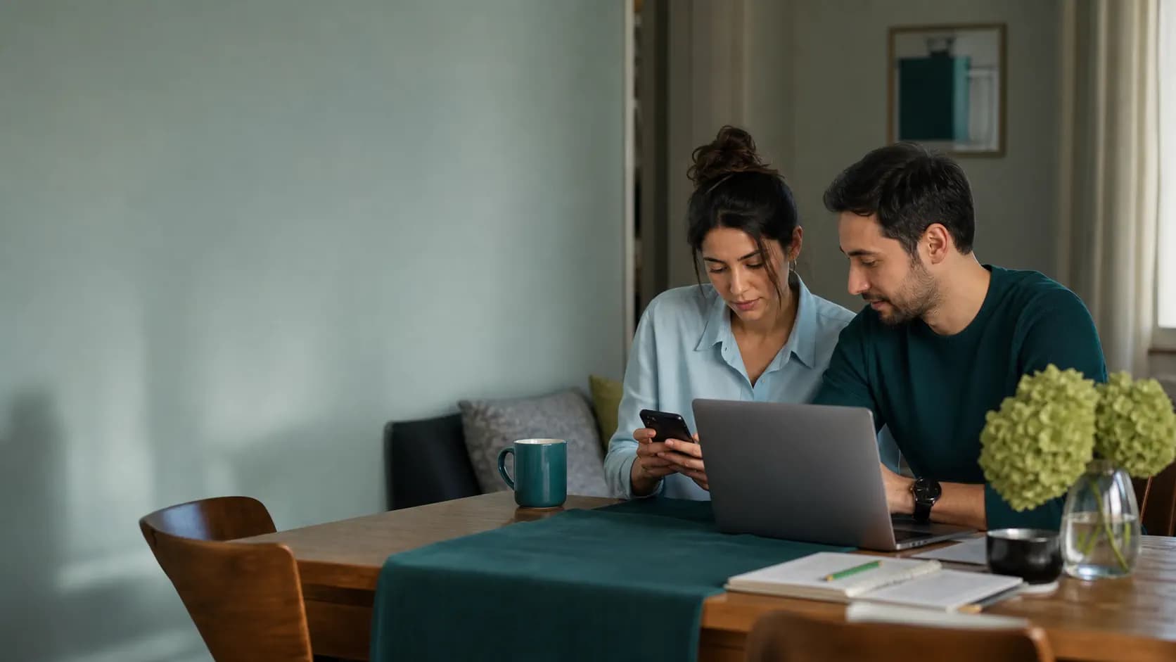 Evde ortak gelecek planlarını konuşurken bütçe notlarını inceleyen iki kişi.
